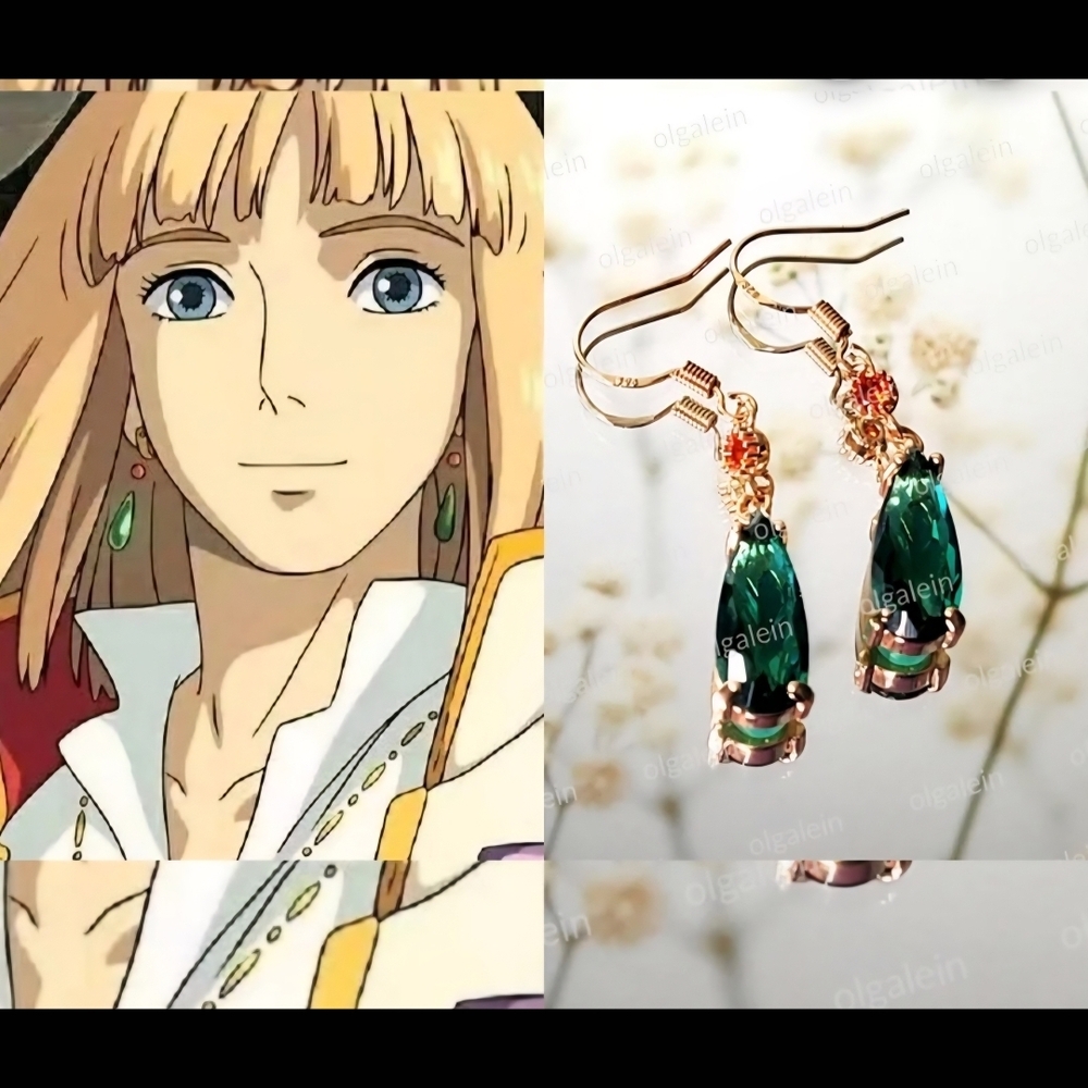 Anime Howl's Moving Castle Long Dangle Earrings FishHook Earrings Red Gold Green